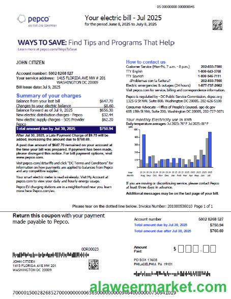 USA Pepco utility bill template in Word and PDF formats, version 3